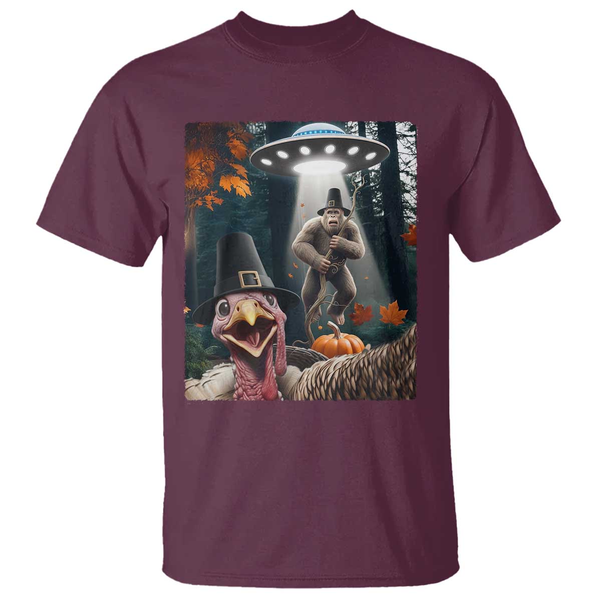 Thanksgiving Funny Bigfoot Turkey Selfie T Shirt TS14 Maroon Print Your Wear