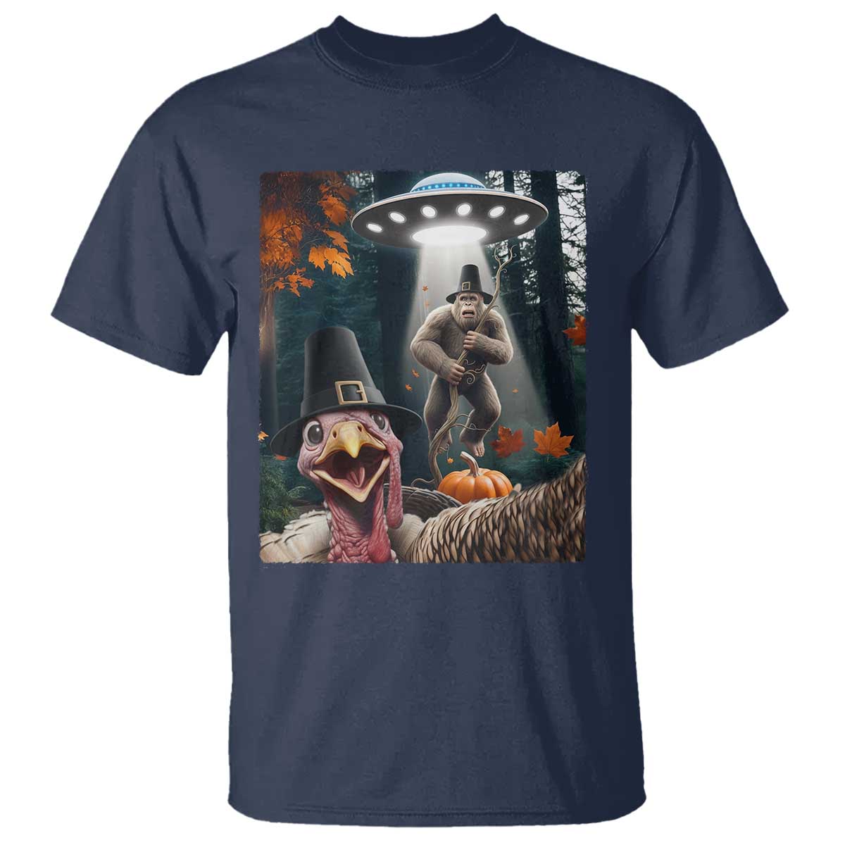 Thanksgiving Funny Bigfoot Turkey Selfie T Shirt TS14 Navy Print Your Wear