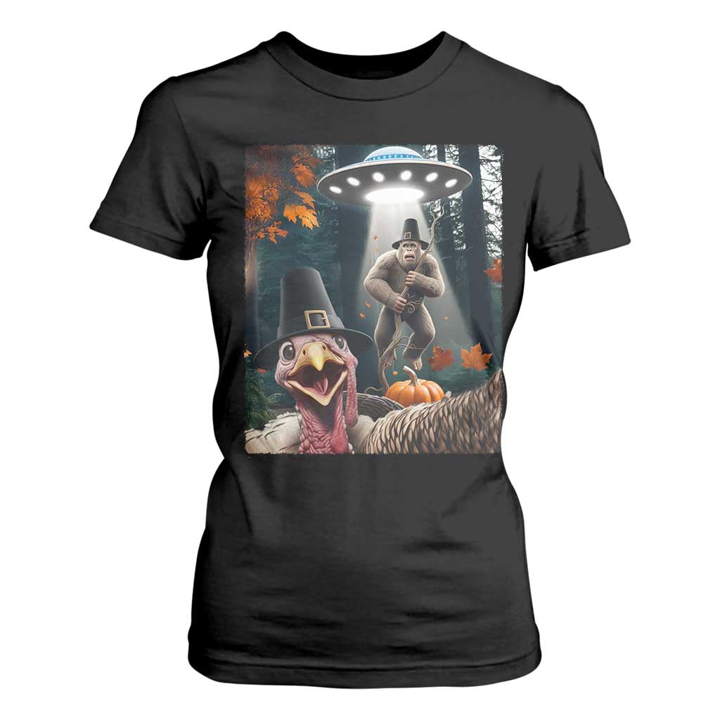 Thanksgiving Funny Bigfoot Turkey Selfie T Shirt For Women - Print Your Wear