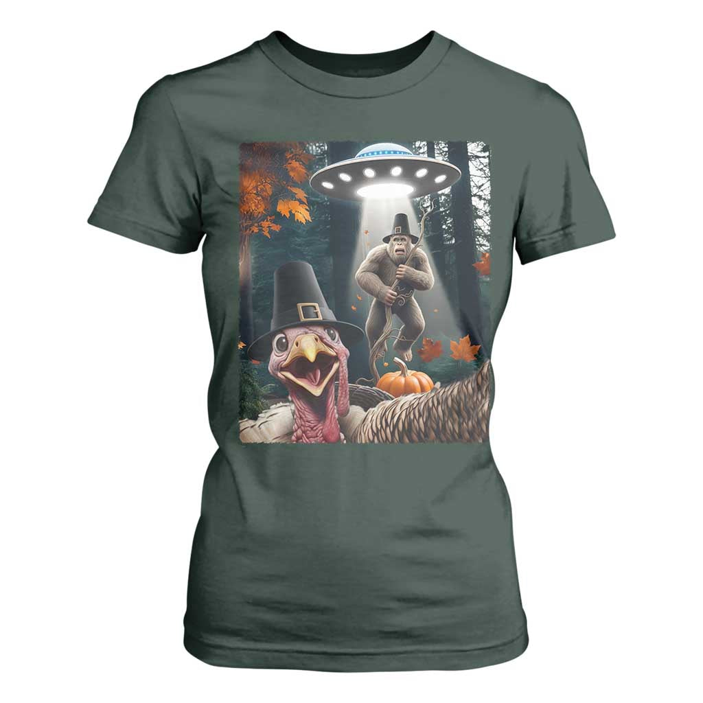 Thanksgiving Funny Bigfoot Turkey Selfie T Shirt For Women TS14 Dark Forest Green Print Your Wear