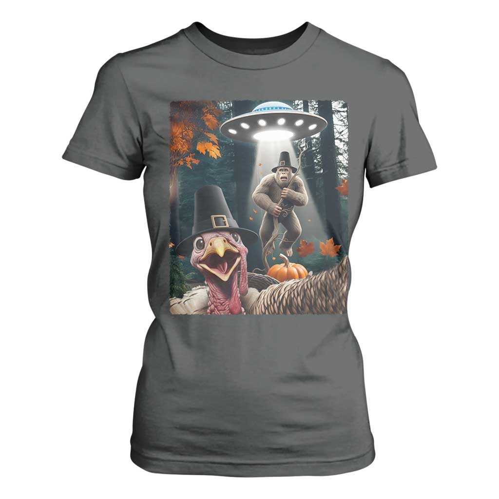 Thanksgiving Funny Bigfoot Turkey Selfie T Shirt For Women TS14 Dark Heather Print Your Wear