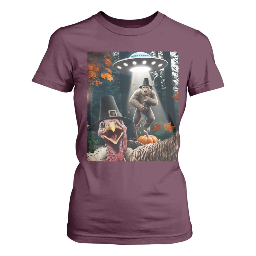 Thanksgiving Funny Bigfoot Turkey Selfie T Shirt For Women TS14 Maroon Print Your Wear