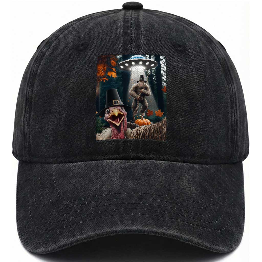 Thanksgiving Funny Bigfoot Turkey Selfie Washed Cotton Baseball Cap TS14 Washed Cap Universal Fit Black Print Your Wear