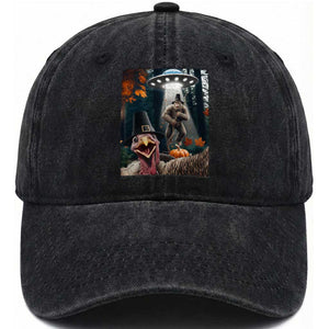 Thanksgiving Funny Bigfoot Turkey Selfie Washed Cotton Baseball Cap TS14 Washed Cap Universal Fit Black Print Your Wear