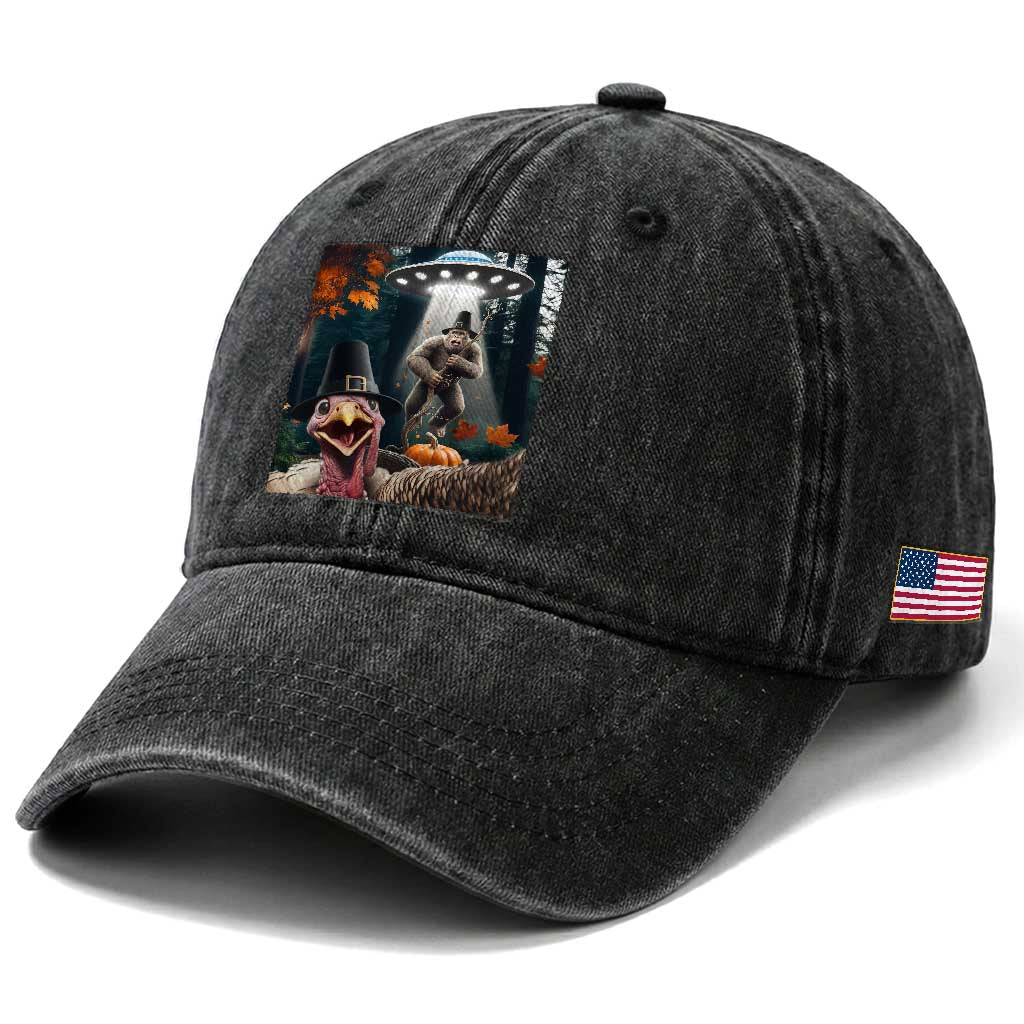 Thanksgiving Funny Bigfoot Turkey Selfie Washed Cotton Baseball Cap TS14 Print Your Wear