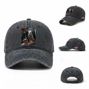 Thanksgiving Funny Bigfoot Turkey Selfie Washed Cotton Baseball Cap TS14 Washed Cap Universal Fit Dark Gray Print Your Wear