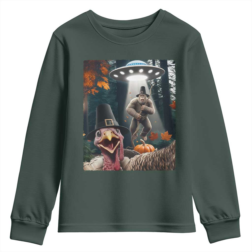 Thanksgiving Funny Bigfoot Turkey Selfie Youth Sweatshirt TS14 Dark Forest Green Print Your Wear