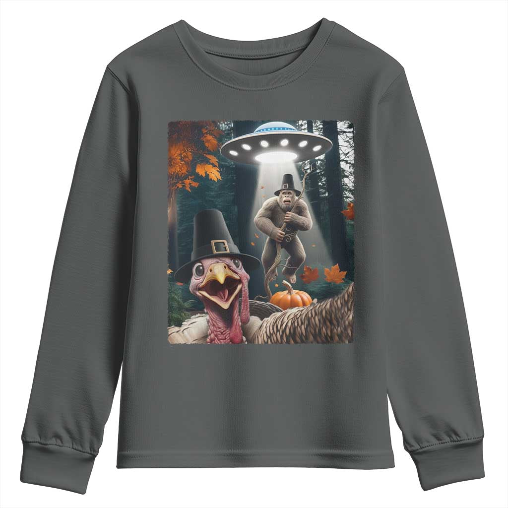 Thanksgiving Funny Bigfoot Turkey Selfie Youth Sweatshirt TS14 Dark Heather Print Your Wear