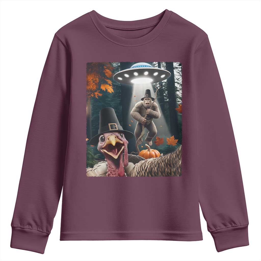 Thanksgiving Funny Bigfoot Turkey Selfie Youth Sweatshirt TS14 Maroon Print Your Wear