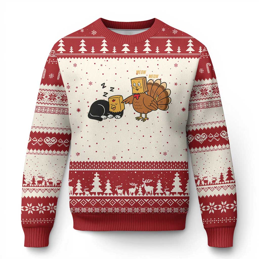 Funny Thanksgiving Ugly Christmas Sweater Turkey Fake Cat Meow TS14 Beige Red Print Your Wear