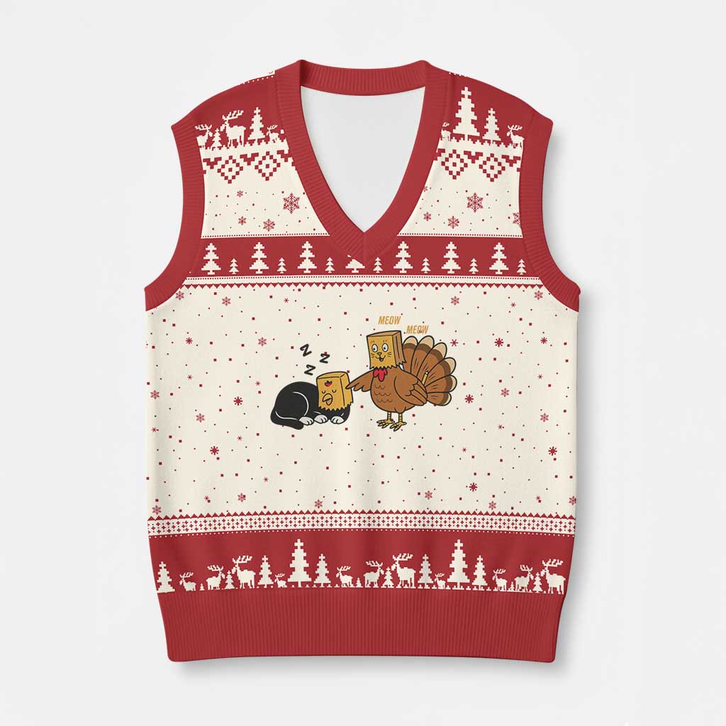 Funny Thanksgiving V-Neck Knit Sweater Vest Turkey Fake Cat Meow TS14 Beige Red Print Your Wear