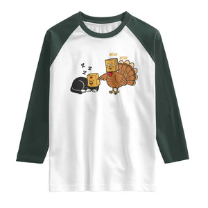 Funny Thanksgiving Raglan Shirt Turkey Fake Cat Meow TS14 White Dark Forest Green Print Your Wear