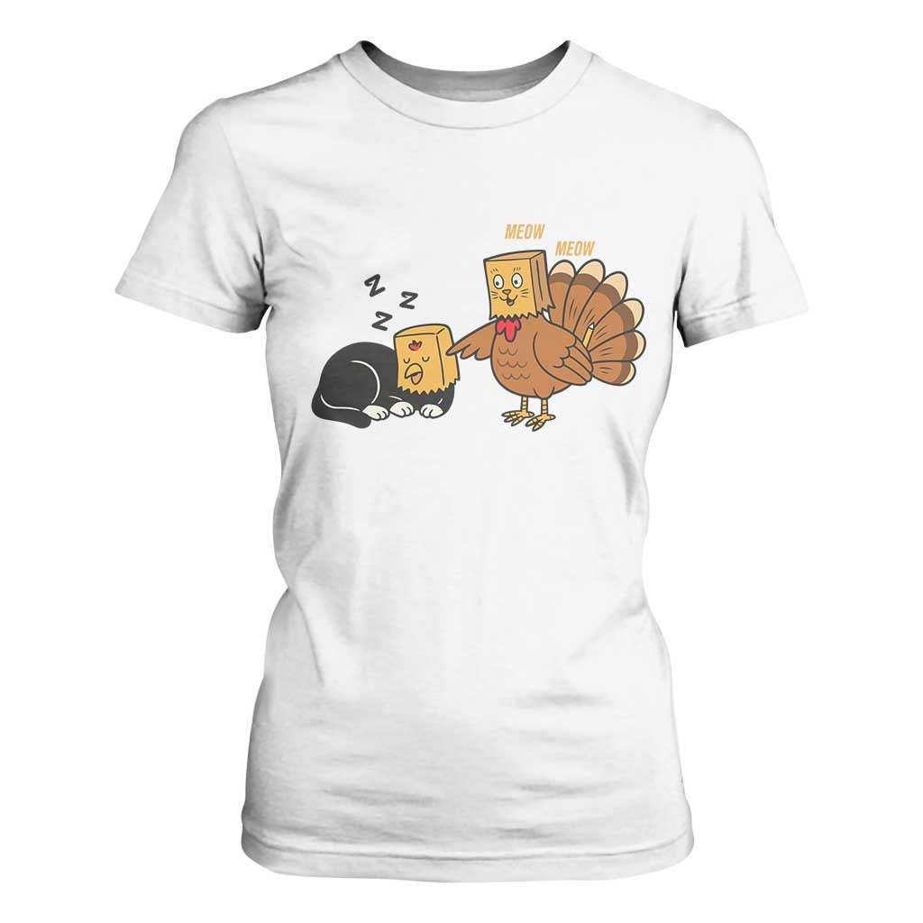 Funny Thanksgiving T Shirt For Women Turkey Fake Cat Meow TS14 White Print Your Wear