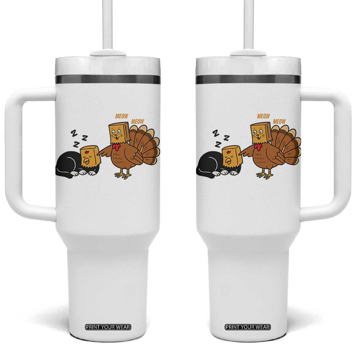 Funny Thanksgiving Tumbler With Handle Turkey Fake Cat Meow - Print Your Wear