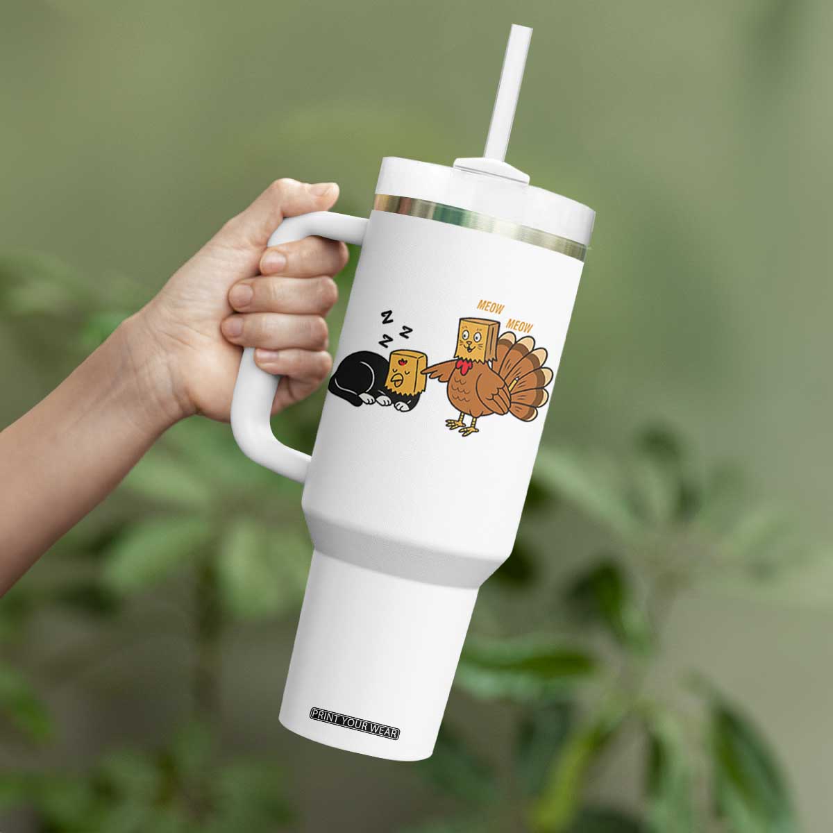 Funny Thanksgiving Tumbler With Handle Turkey Fake Cat Meow TS14 Print Your Wear