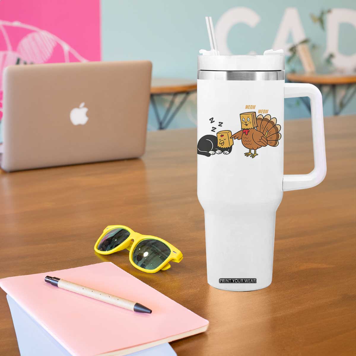 Funny Thanksgiving Tumbler With Handle Turkey Fake Cat Meow TS14 Print Your Wear