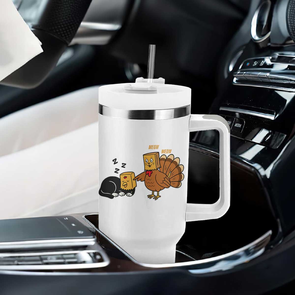 Funny Thanksgiving Tumbler With Handle Turkey Fake Cat Meow TS14 Print Your Wear