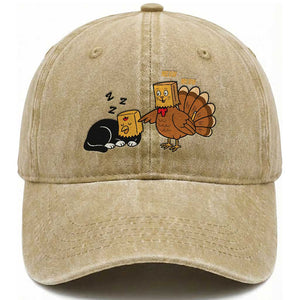 Funny Thanksgiving Washed Cotton Baseball Cap Turkey Fake Cat Meow TS14 Washed Cap Universal Fit Khaki Print Your Wear