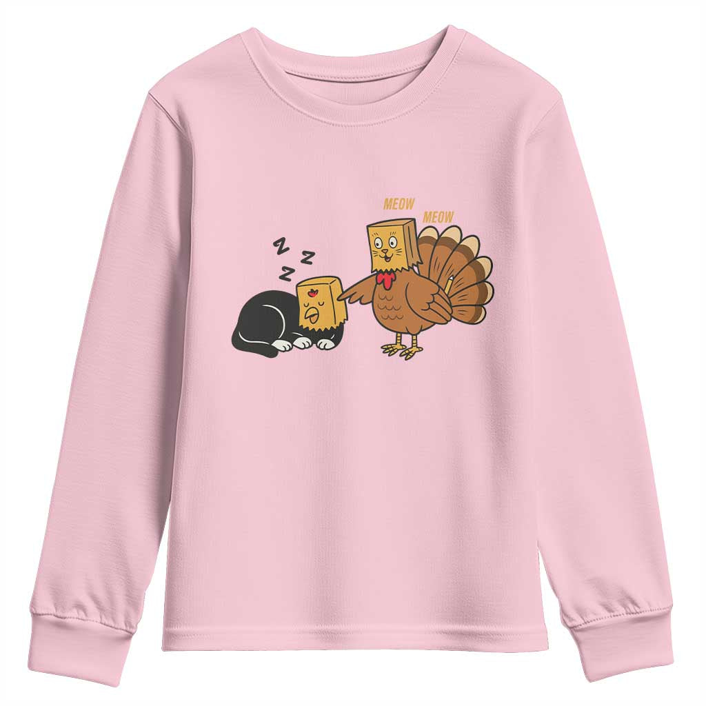 Funny Thanksgiving Youth Sweatshirt Turkey Fake Cat Meow TS14 Light Pink Print Your Wear