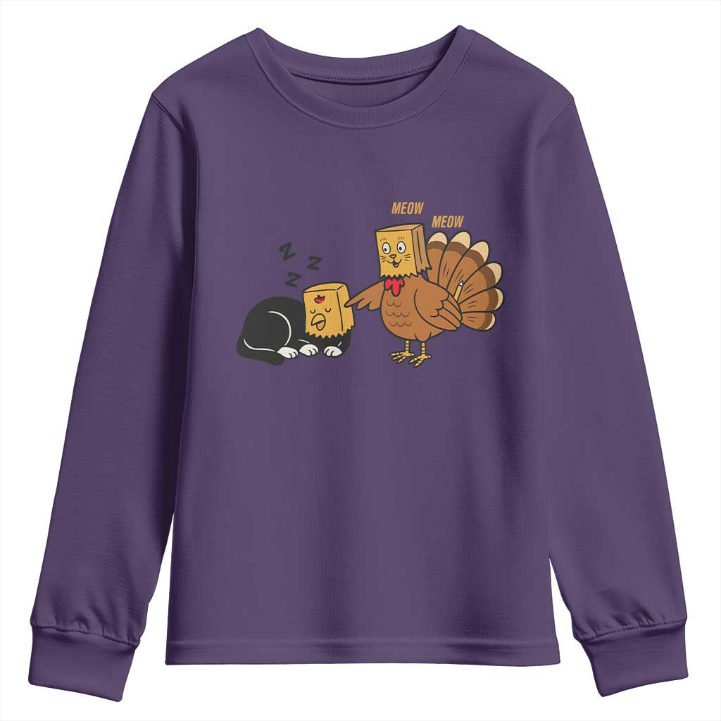 Funny Thanksgiving Youth Sweatshirt Turkey Fake Cat Meow TS14 Purple Print Your Wear
