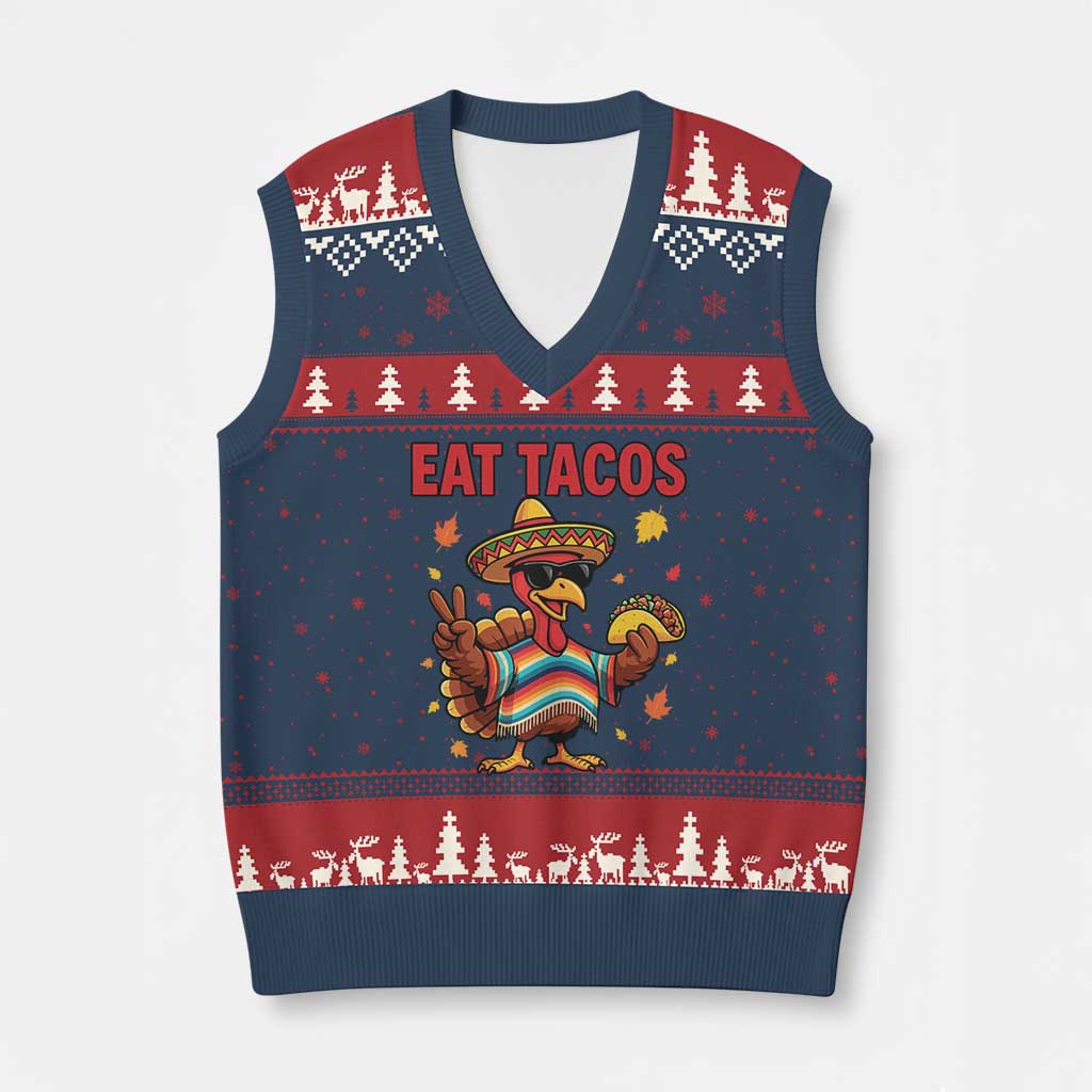 Funny Turkey Thanksgiving V-Neck Knit Sweater Vest Eat Tacos TS14 Navy Red Print Your Wear
