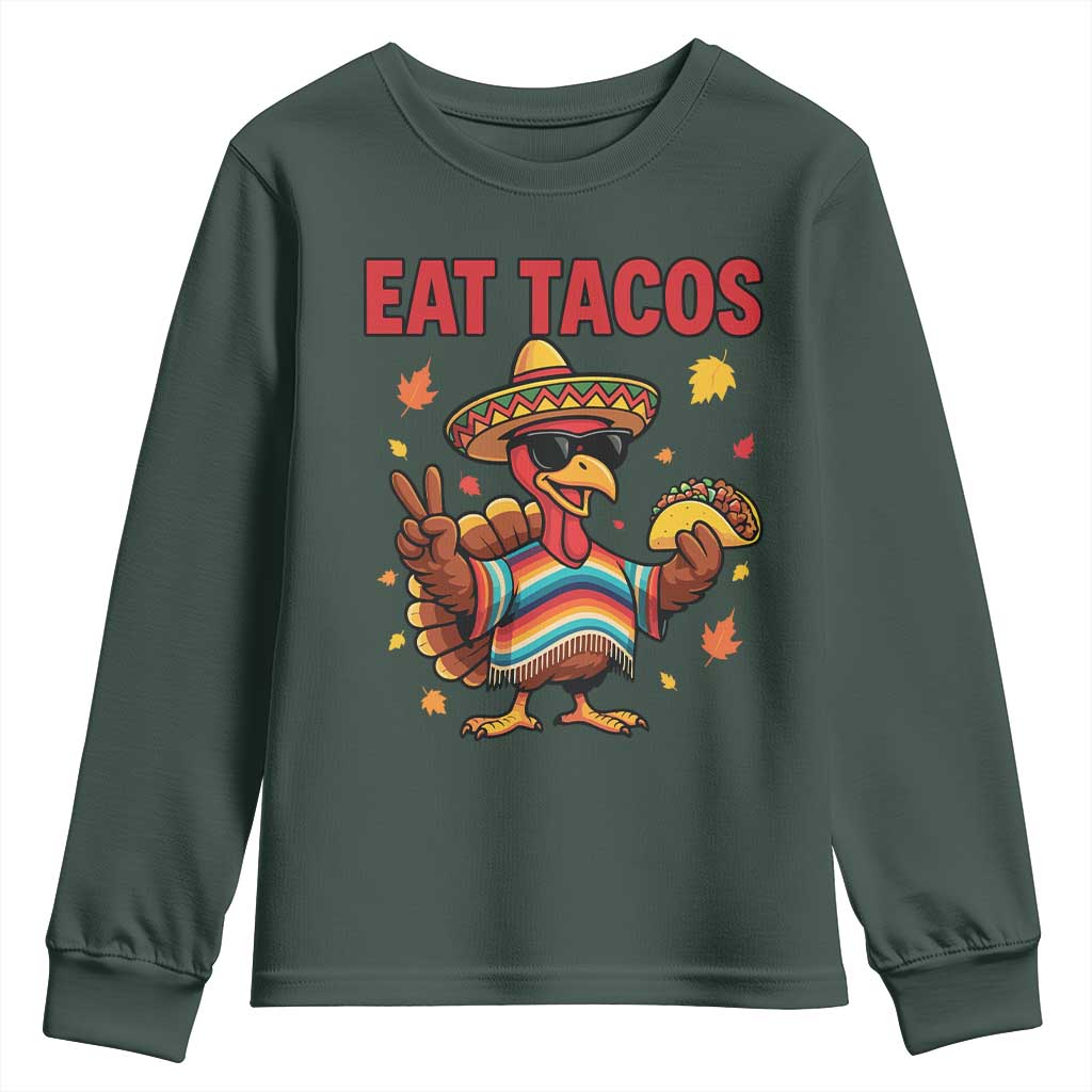 Funny Turkey Thanksgiving Youth Sweatshirt Eat Tacos TS14 Dark Forest Green Print Your Wear