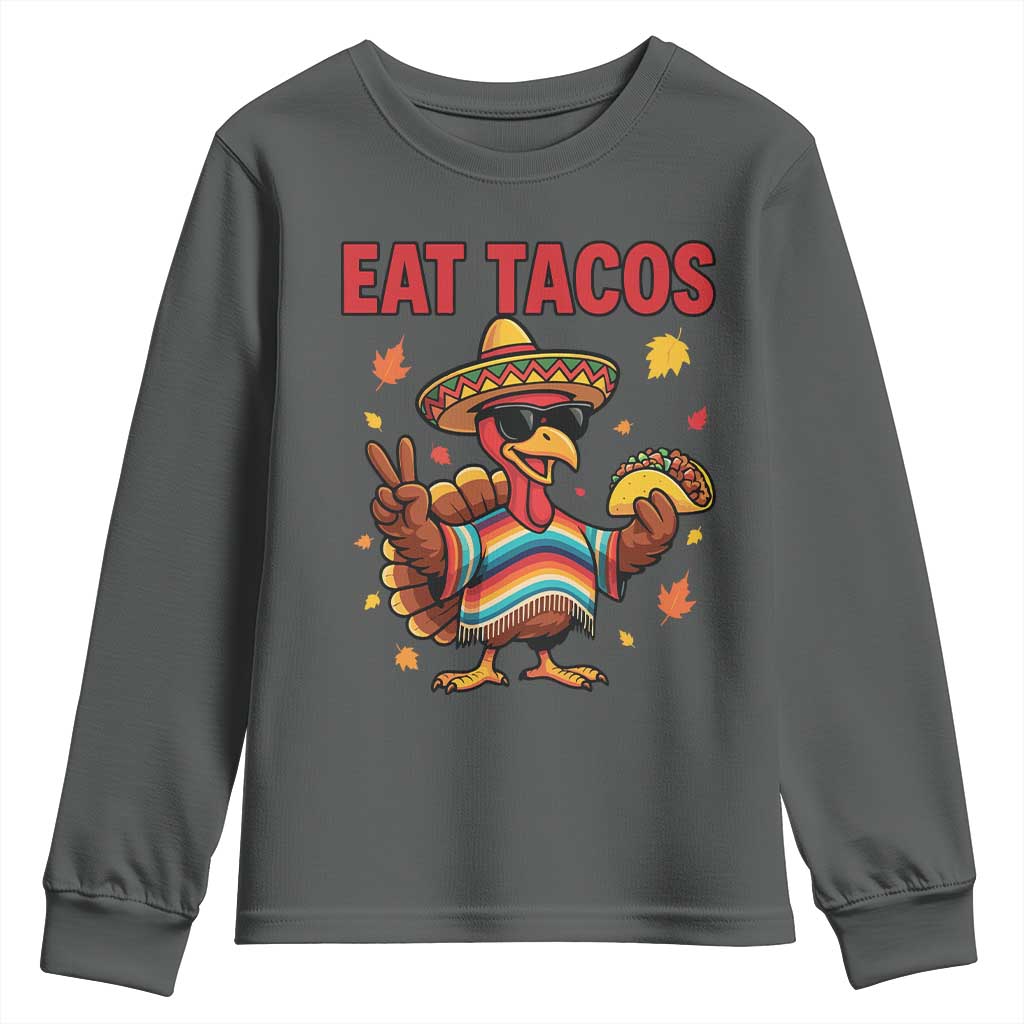 Funny Turkey Thanksgiving Youth Sweatshirt Eat Tacos TS14 Dark Heather Print Your Wear