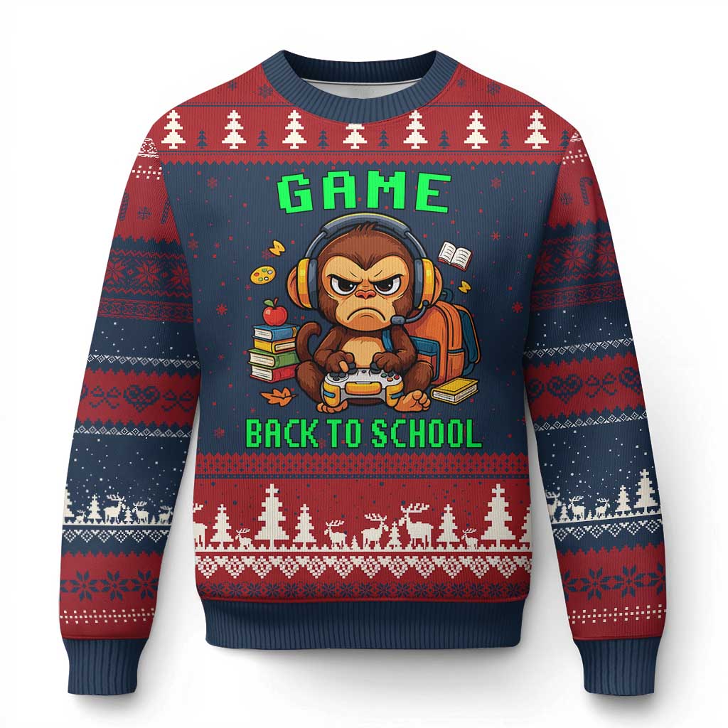 Funny Video Game Ugly Christmas Sweater Cute Monkey Back To School TS14 Navy Red Print Your Wear