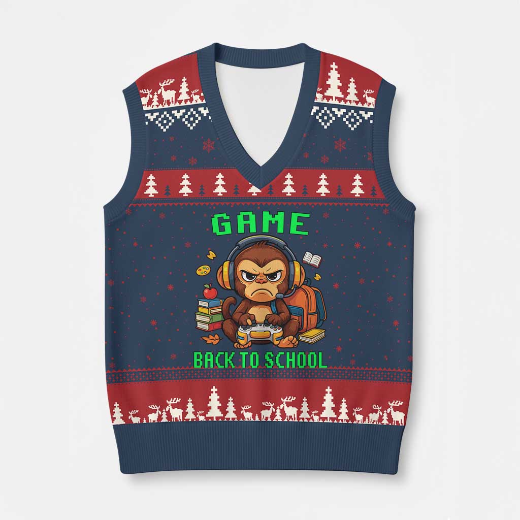 Funny Video Game V-Neck Knit Sweater Vest Cute Monkey Back To School TS14 Navy Red Print Your Wear