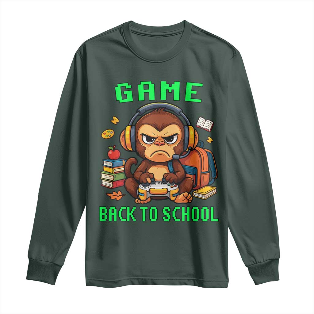 Funny Video Game Long Sleeve Shirt Cute Monkey Back To School TS14 Dark Forest Green Print Your Wear