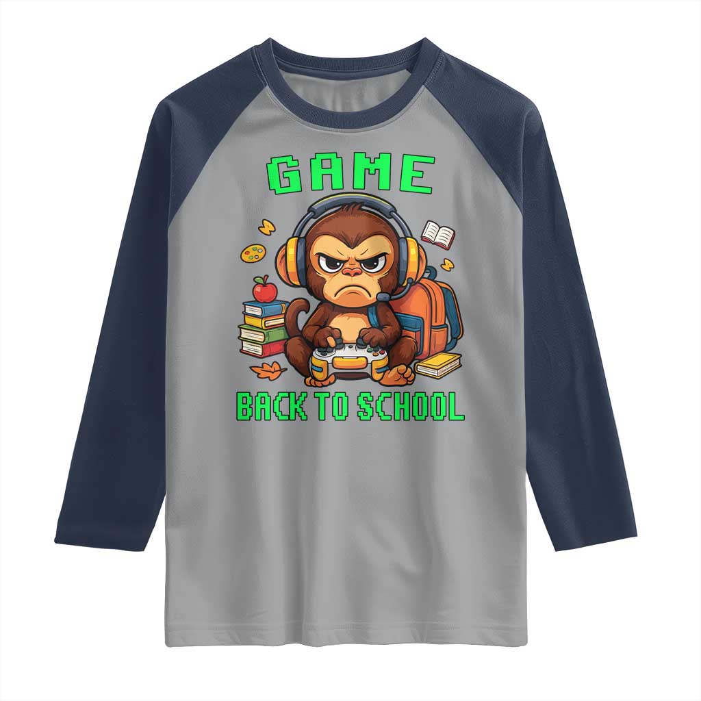 Funny Video Game Raglan Shirt Cute Monkey Back To School TS14 Sport Gray Navy Print Your Wear