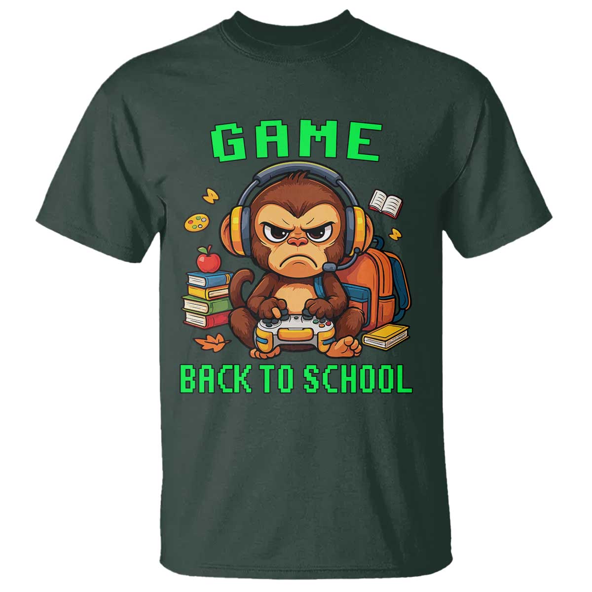 Funny Video Game T Shirt Cute Monkey Back To School TS14 Dark Forest Green Print Your Wear