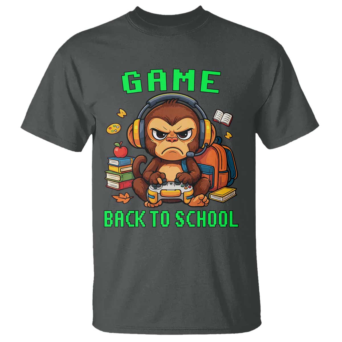 Funny Video Game T Shirt Cute Monkey Back To School TS14 Dark Heather Print Your Wear