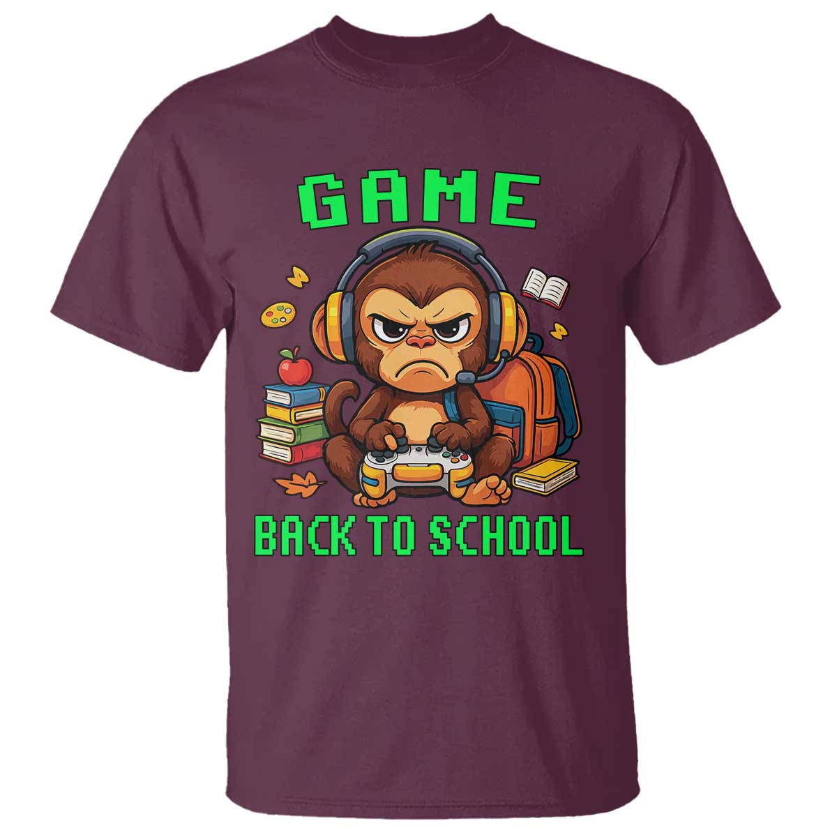 Funny Video Game T Shirt Cute Monkey Back To School TS14 Maroon Print Your Wear
