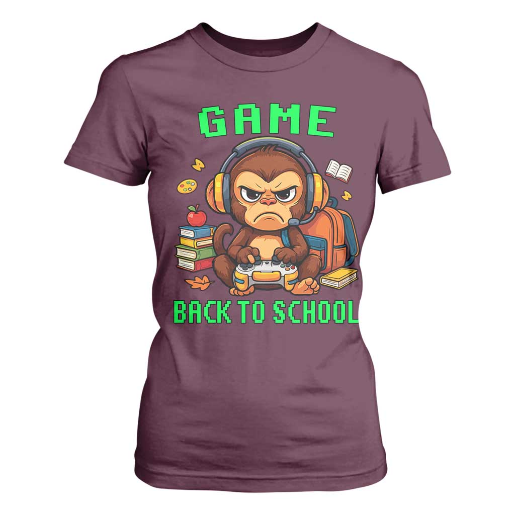 Funny Video Game T Shirt For Women Cute Monkey Back To School TS14 Maroon Print Your Wear