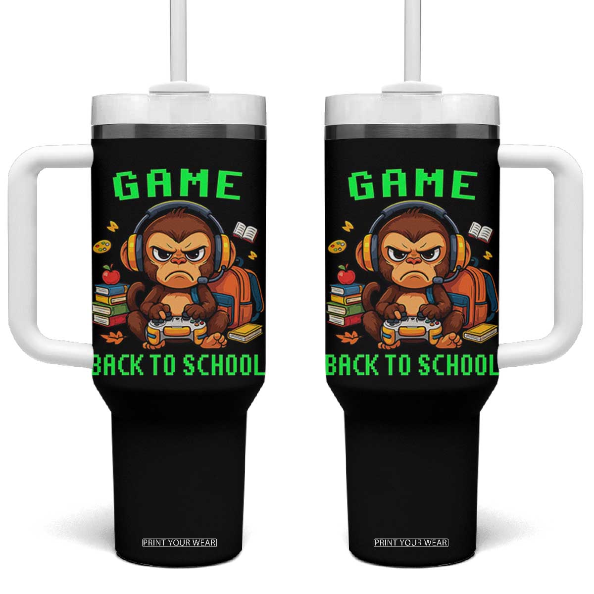 Funny Video Game Tumbler With Handle Cute Monkey Back To School TS14 One Size: 40 oz Black Print Your Wear
