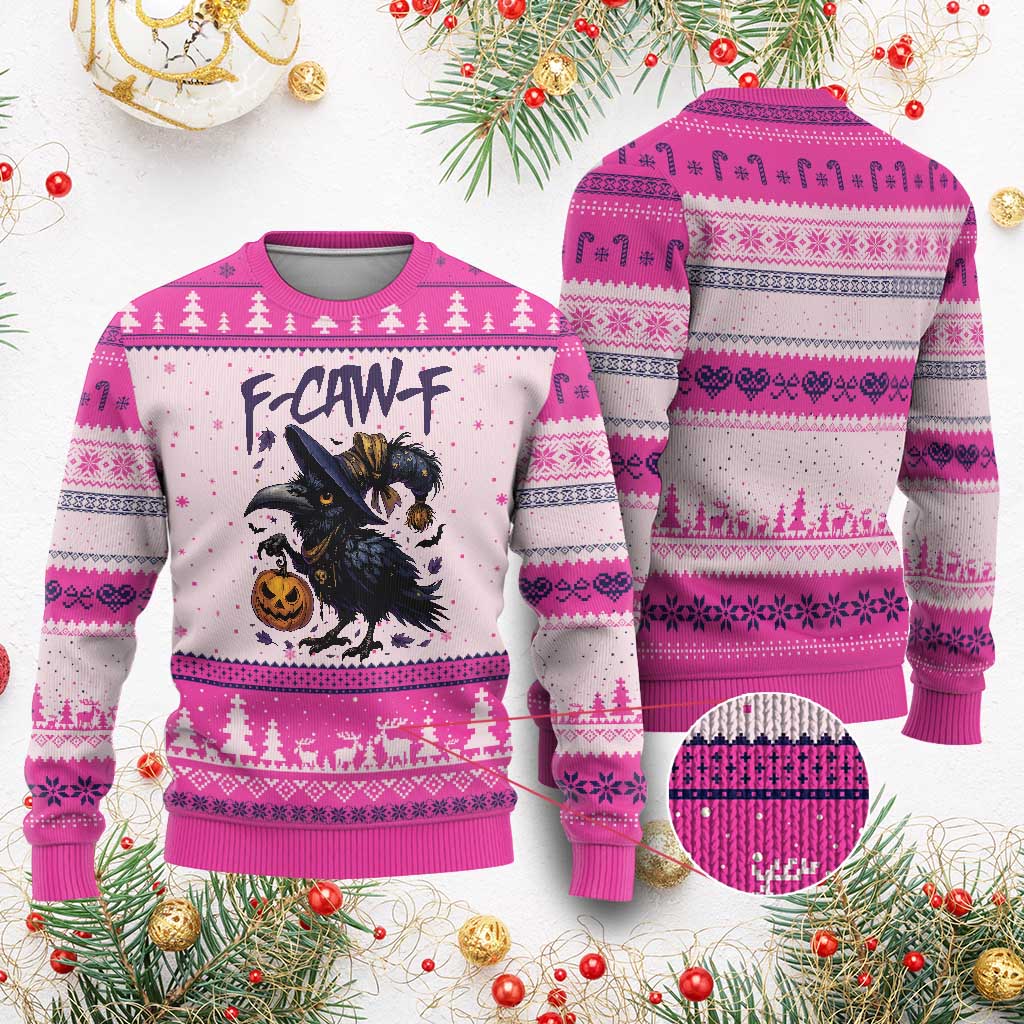 F Caw F Black Crow Halloween Meme Ugly Christmas Sweater TS14 Hot Pink Print Your Wear