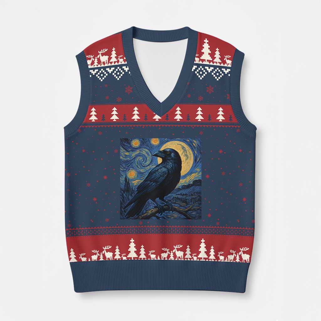 Starry Night Raven Moon Van Gogh V-Neck Knit Sweater Vest TS14 Navy Red Print Your Wear