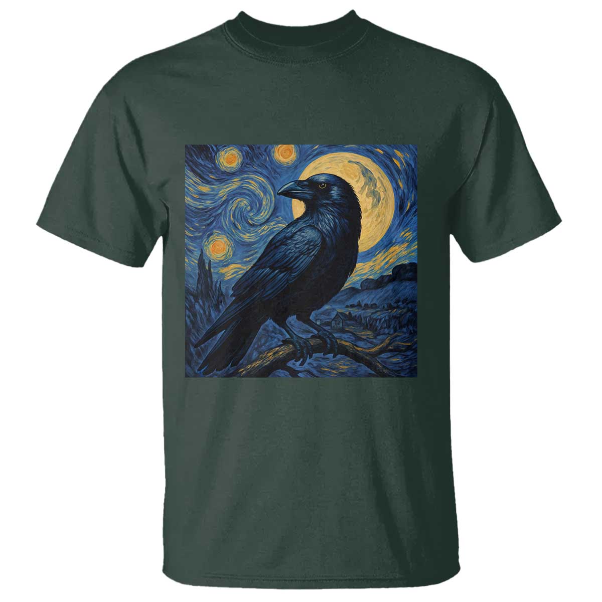 Starry Night Raven Moon Van Gogh T Shirt TS14 Dark Forest Green Print Your Wear