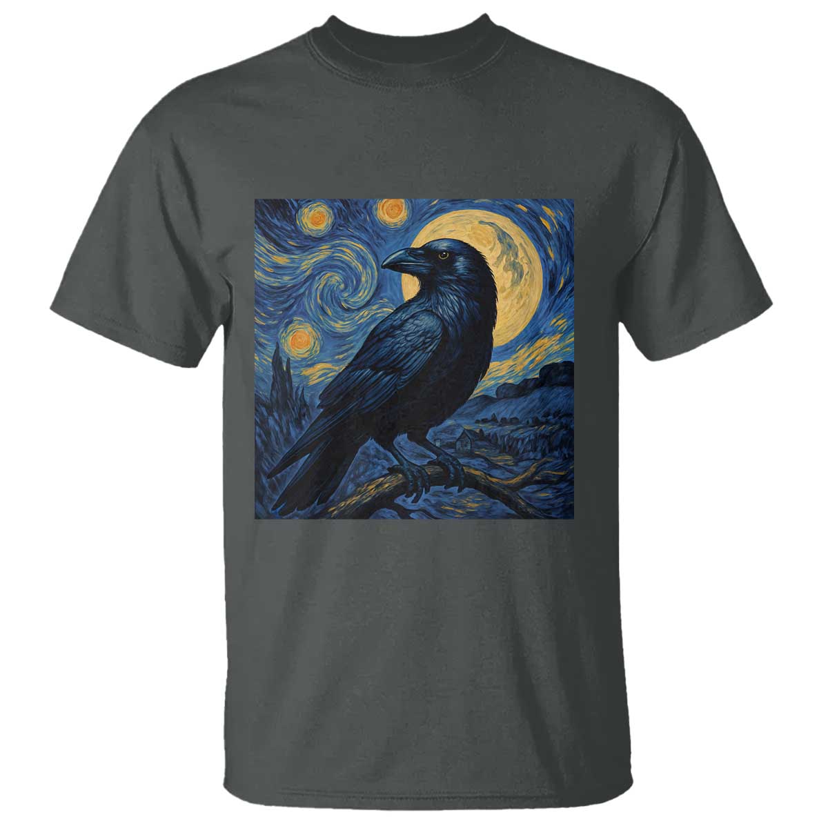 Starry Night Raven Moon Van Gogh T Shirt TS14 Dark Heather Print Your Wear