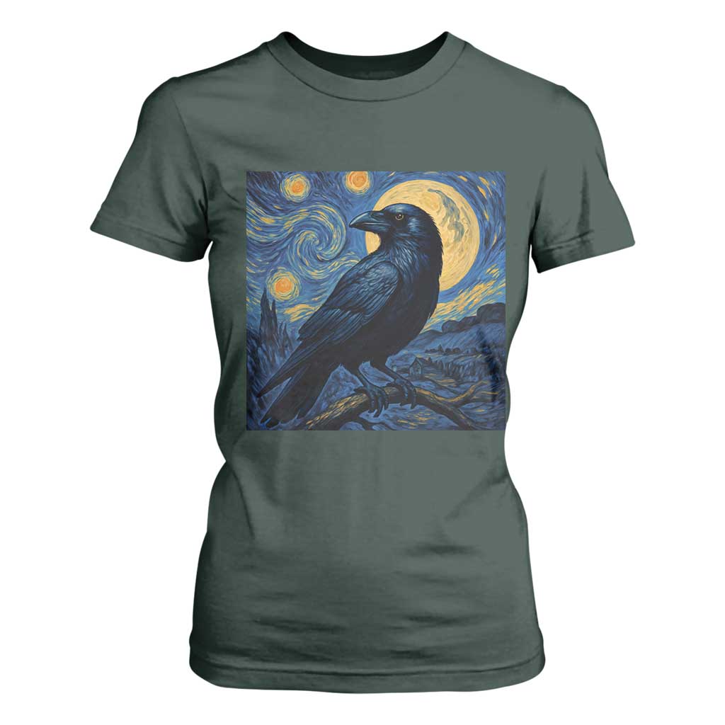 Starry Night Raven Moon Van Gogh T Shirt For Women TS14 Dark Forest Green Print Your Wear