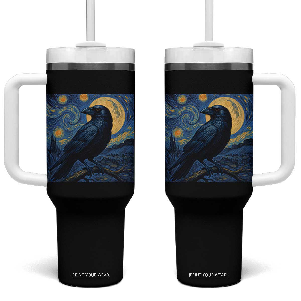 Starry Night Raven Moon Van Gogh Tumbler With Handle TS14 One Size: 40 oz Black Print Your Wear