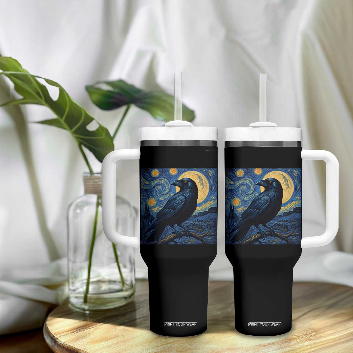 Starry Night Raven Moon Van Gogh Tumbler With Handle TS14 Print Your Wear