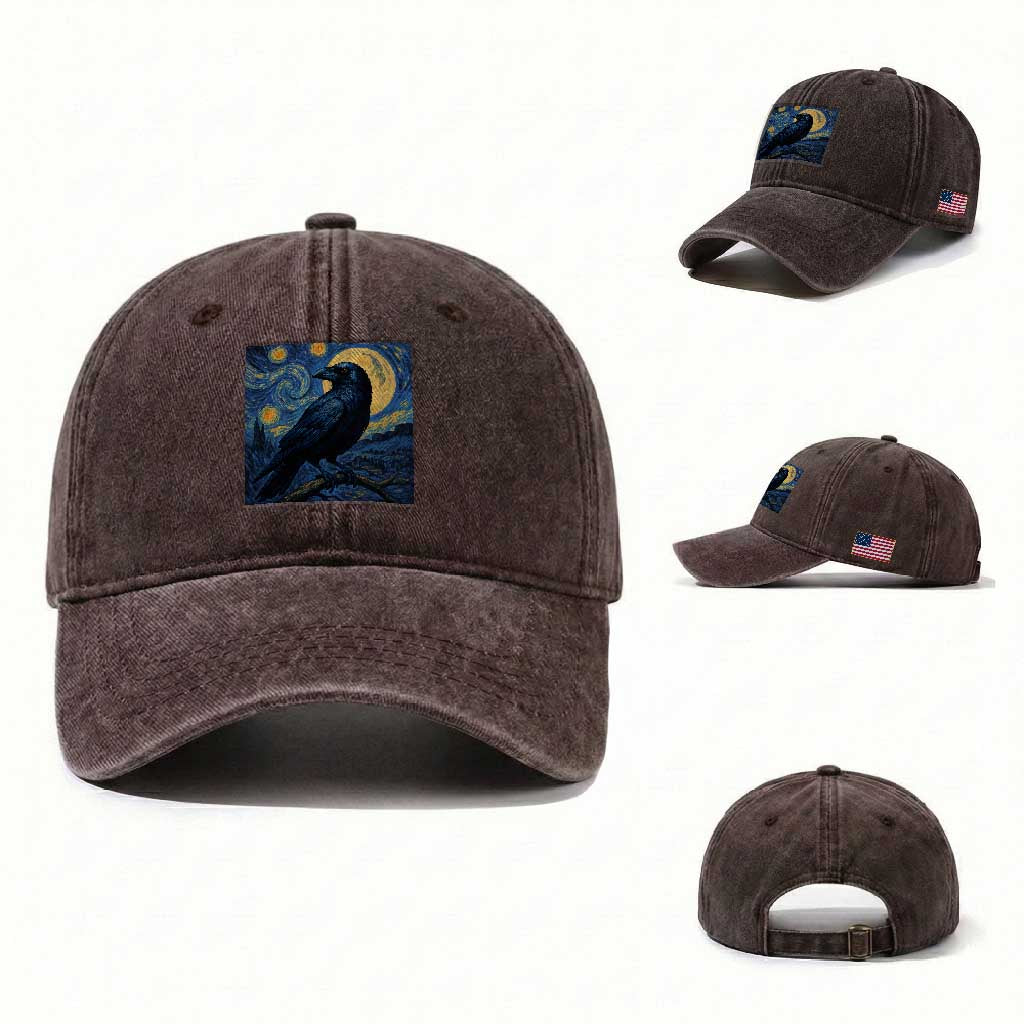 Starry Night Raven Moon Van Gogh Washed Cotton Baseball Cap TS14 Washed Cap Universal Fit Dark Brown Print Your Wear