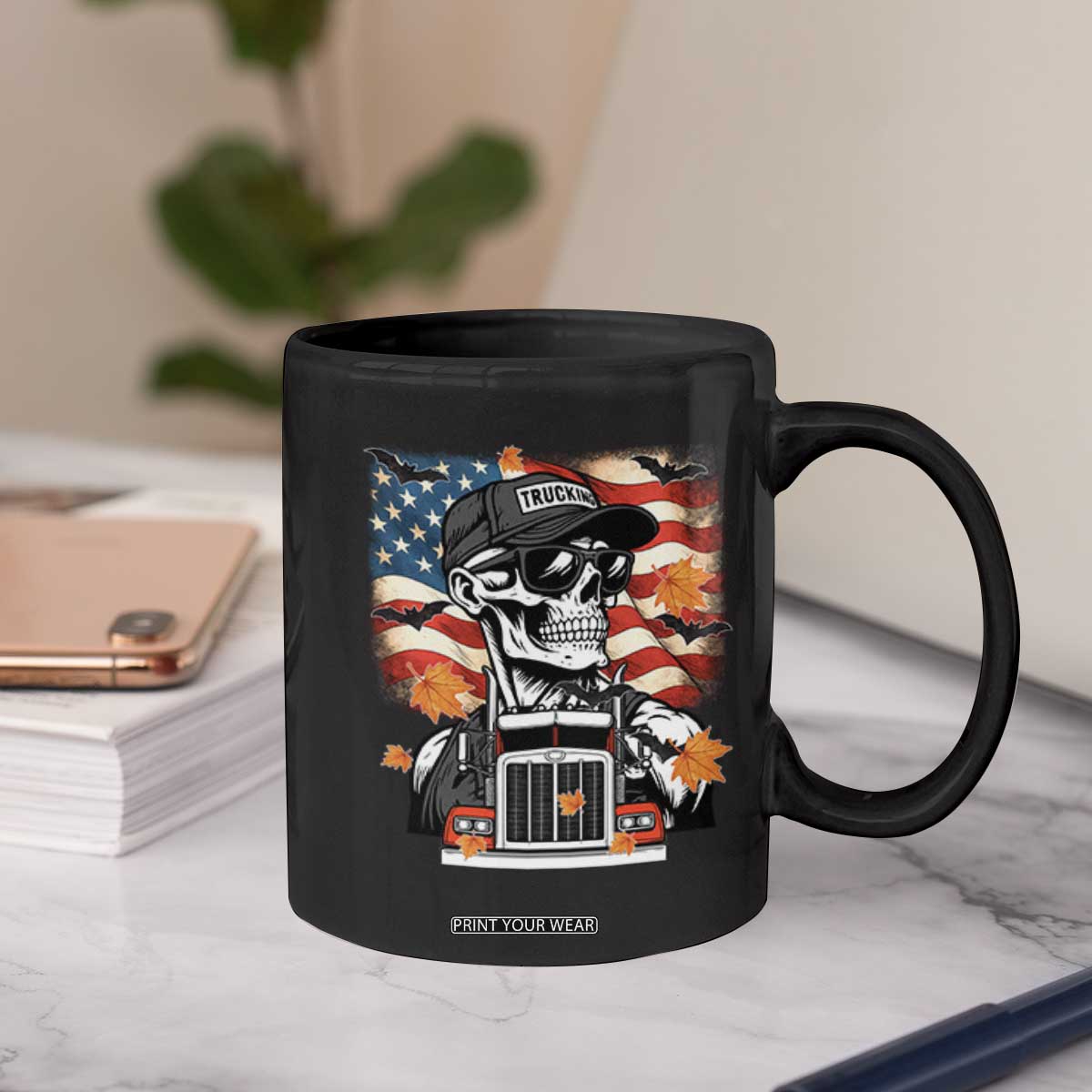 Patriotic Trucker Skeleton American Flag Coffee Mug TS14 Print Your Wear