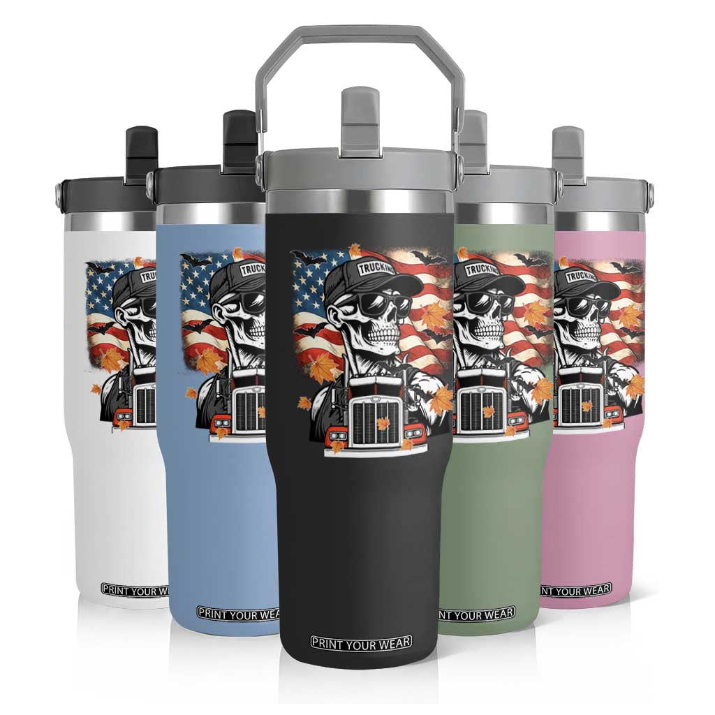 Patriotic Trucker Skeleton American Flag Flip Straw Tumbler TS14 Print Your Wear