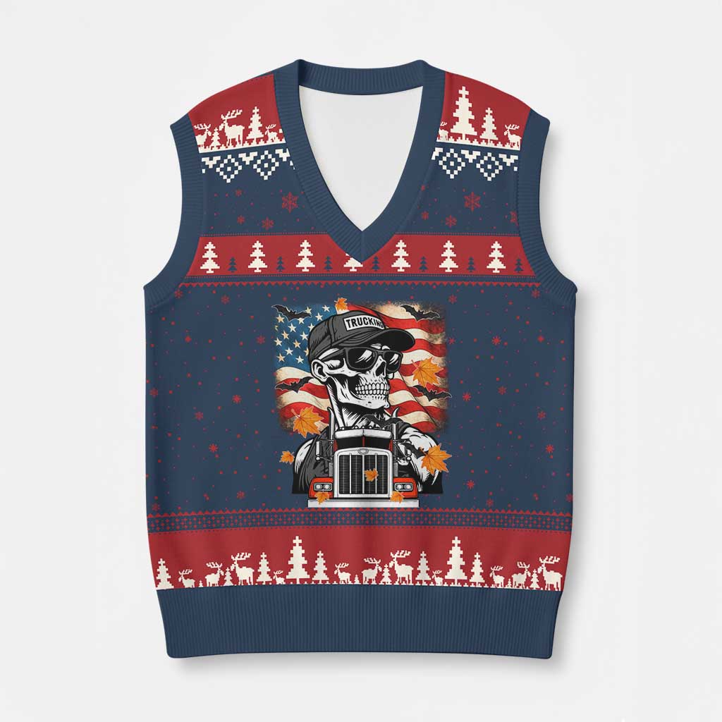 Patriotic Trucker Skeleton American Flag V-Neck Knit Sweater Vest TS14 Navy Red Print Your Wear