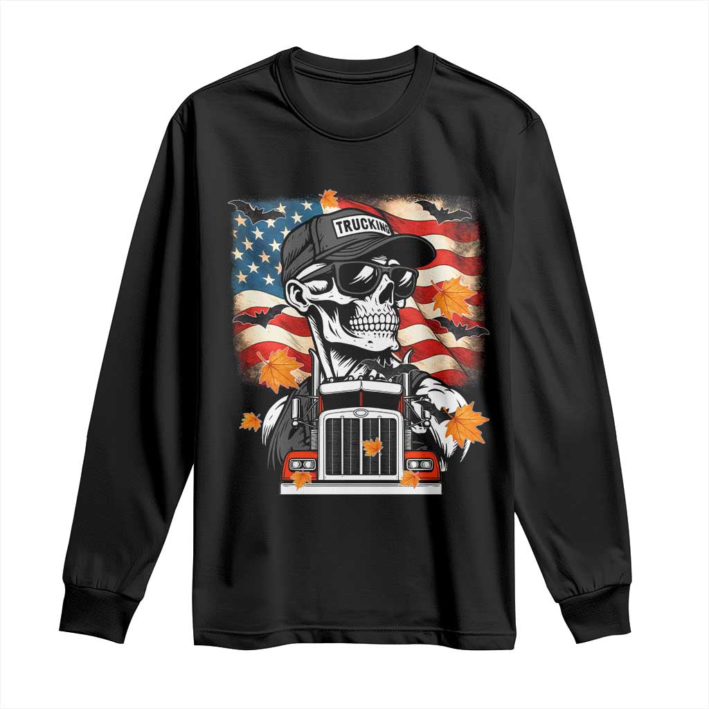 Patriotic Trucker Skeleton American Flag Long Sleeve Shirt TS14 Black Print Your Wear