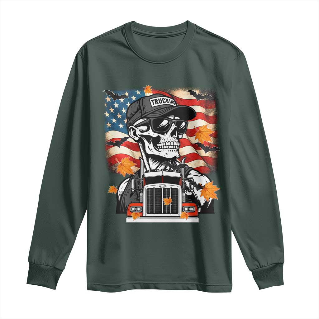 Patriotic Trucker Skeleton American Flag Long Sleeve Shirt TS14 Dark Forest Green Print Your Wear