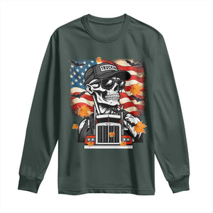 Patriotic Trucker Skeleton American Flag Long Sleeve Shirt TS14 Dark Forest Green Print Your Wear